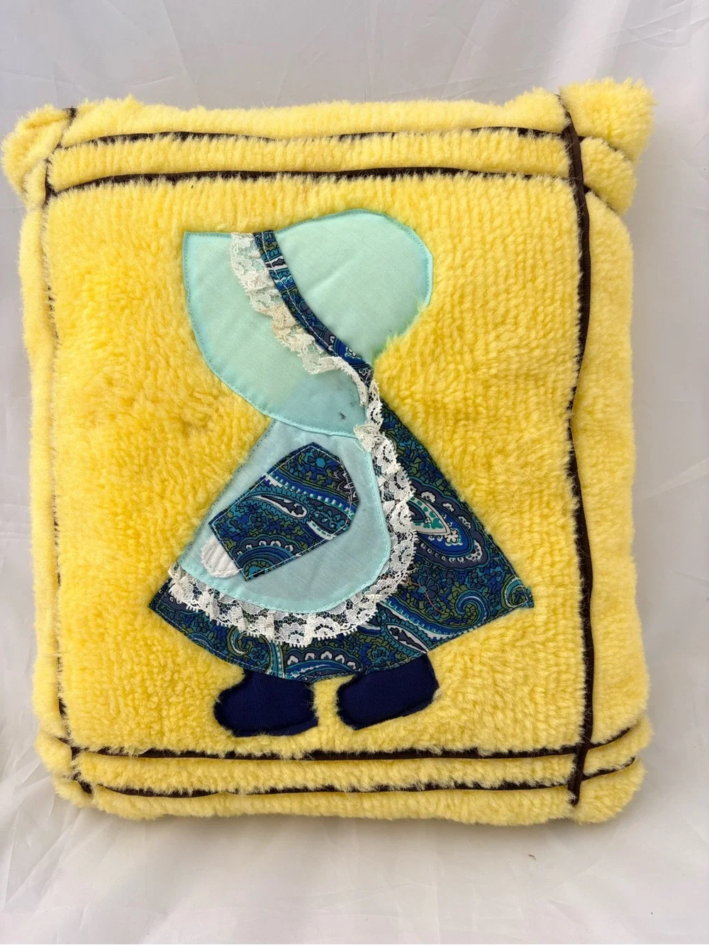 Vintage Handmade Sunbonnet Sue Pillow- 70’s Fuzzy Yellow Fabric with Brown Trim